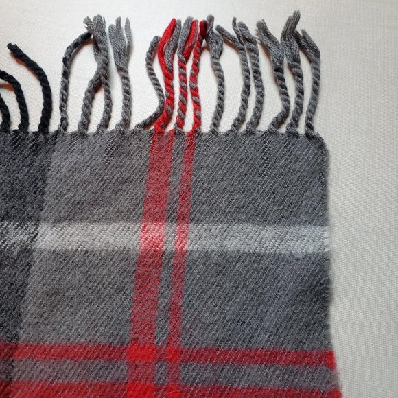 Large Oversized Scarf Wrap Plaid Tartan Fringe Grey Red - Picture 4 of 6
